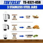 TOKYOSAT TS-8321 Mixer Grinder Blender 1000W Heavy Duty Stainless Steel 2/3-in-1 System - Image 3